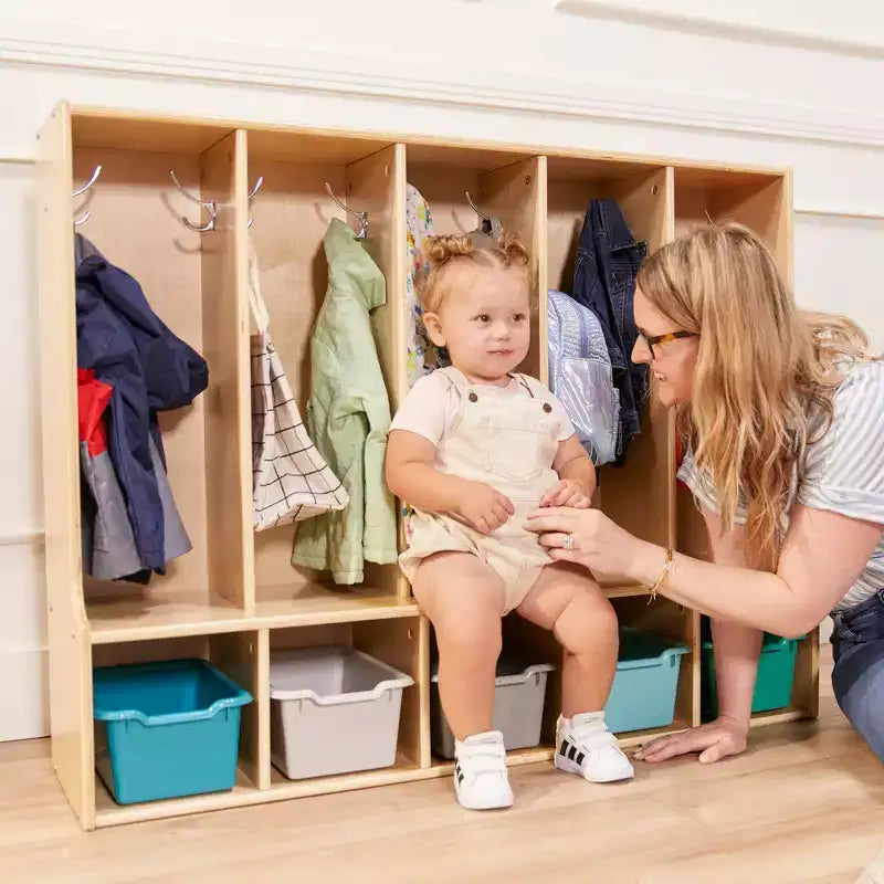 Appendiabiti a 5 scomparti per bambini con panca e contenitori