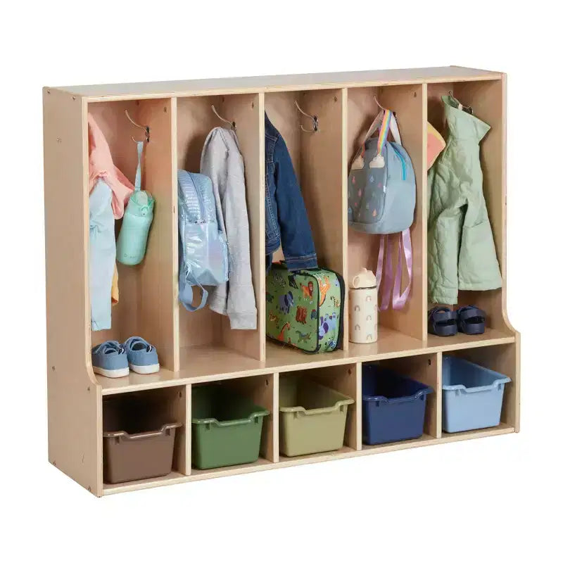 Appendiabiti a 5 scomparti per bambini con panca e contenitori