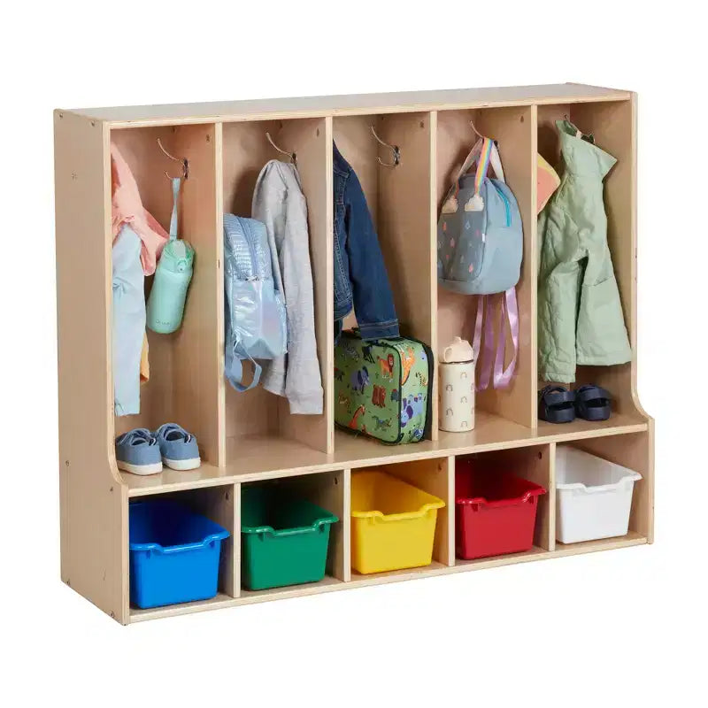 Appendiabiti a 5 scomparti per bambini con panca e contenitori