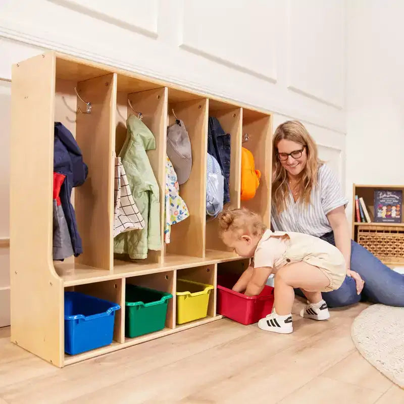 Appendiabiti a 5 scomparti per bambini con panca e contenitori